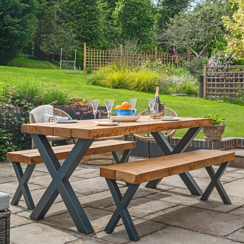 Chunky Rustic Outdoor Garden Table without Parasol Hole and Aluminium Legs, 78cm H x 140cm W x 180cm D