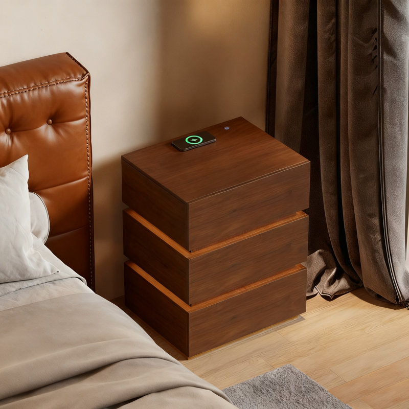 3-Drawer LED Smart Nightstand with Light, Brown