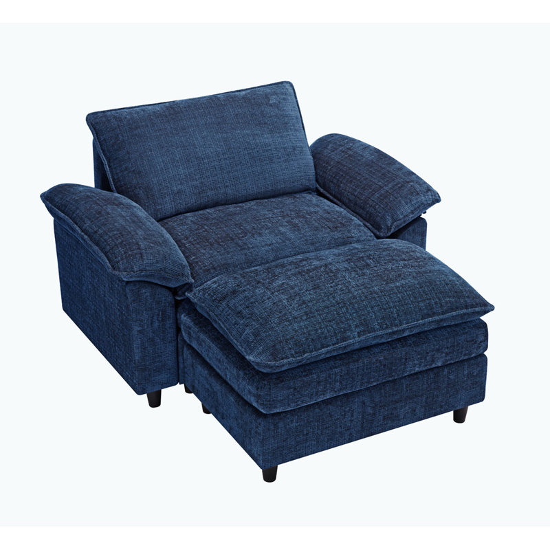 Chenille Upholstered Oversized  Armchair with Ottoman, Blue Chenille