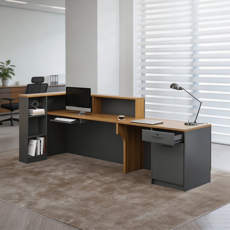 Bureau de réception en L de 87 po avec comptoir, comptoir avant moderne avec armoire de rangement, tablettes ouvertes, tiroir verrouillable et plateau à clavier pour le bureau, le hall d'entrée et la caisse (noyer foncé et gris fer - à gauche)