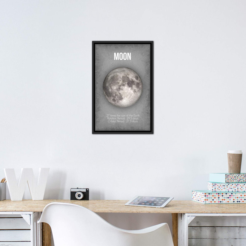 Décoration murale lune pour enfants, Toile avec cadre noir patiné, H 40 po x l 26 po x P 1,5 po