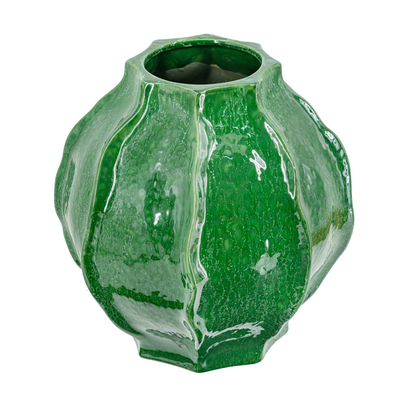 Vase en céramique avec glaçure verte réactive, H 12 po x l 11,4 po x P 11,4 po