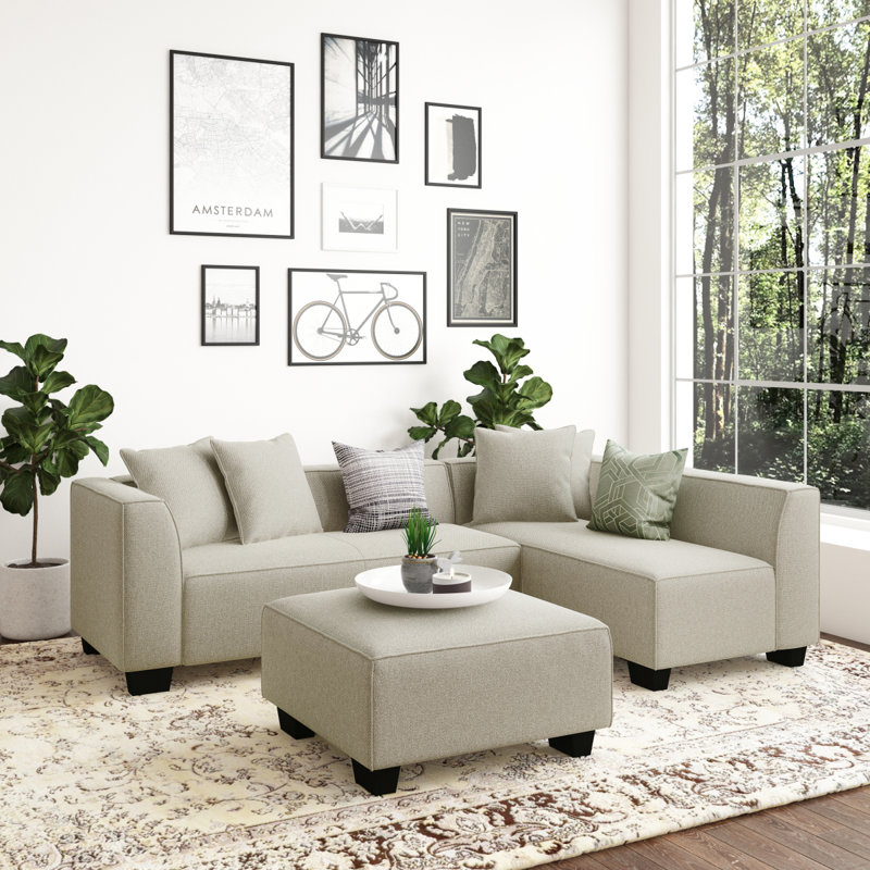 Canapé modulaire en L modulaire avec repose-pieds et coussins décoratifs gris avec pieds en plastique noir, Grey