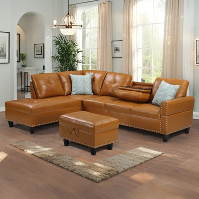 98" L-Shaped Sectional Sofa With Storage Ottoman,Modern 4-Seat Couch With 2 Built-In Cup Holders,Nailhead Trim,And 2 Toss Pillows