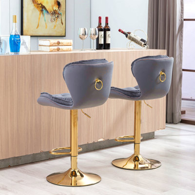 Set Of 2  Bar Stools,With Chrome Footrest And Base Swivel Height Adjustable Mechanical Lifting Velvet
