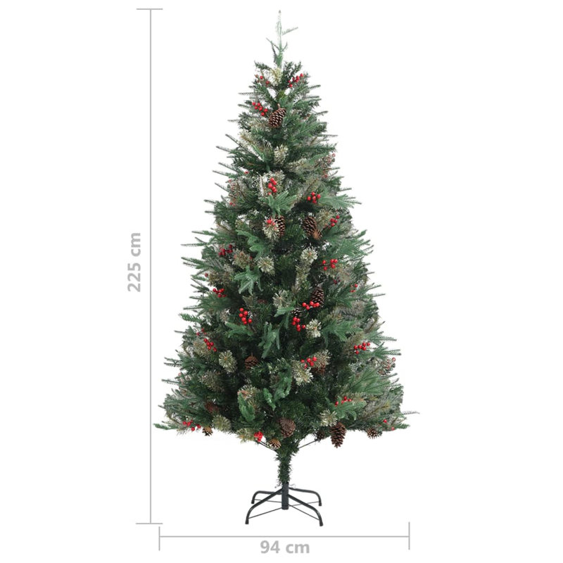 Green Realistic Artificial Pine Flocked/Frosted Christmas Tree and Pinecones, 7.38ft H x 3.08ft W x 3.08ft D