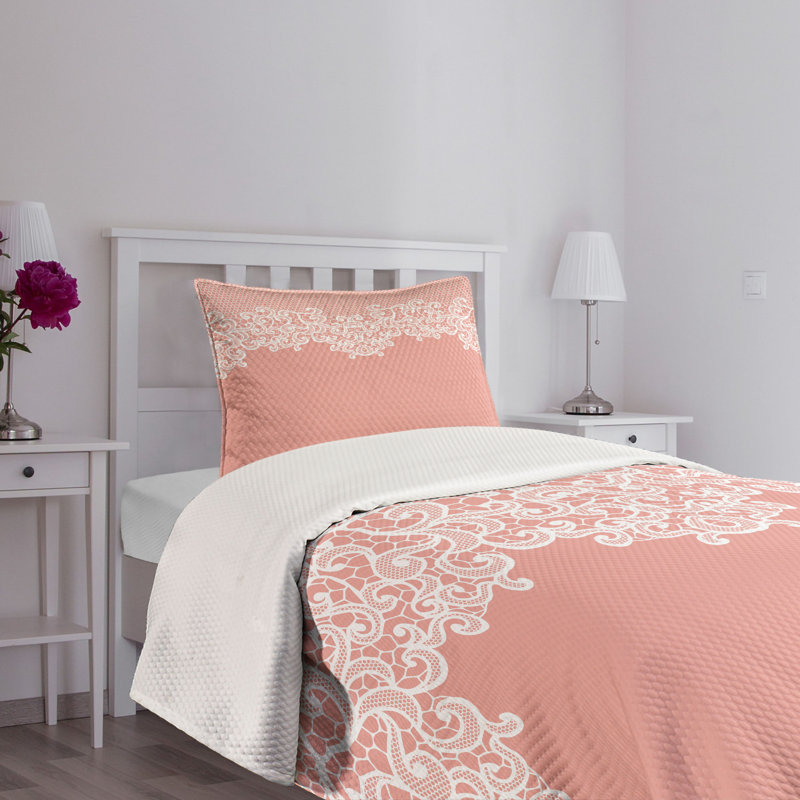 Twin White and Coral Quilted Bedspread Set