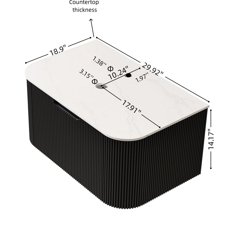 Meuble mural en contreplaqué de 76 cm (30 po) avec surface en pierre frittée blanche, un tiroir, fini noir, sans lavabo ni robinet, poignée rainurée à rayures françaises 3D pour une ouverture facile du tiroir, couleur aquarelle, accès facile, design