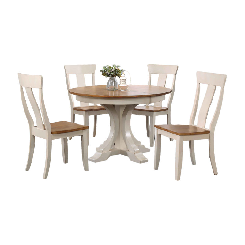 Round Extenable Solid Wood Art Deco Dining Set With 4 Chairs in Cream & Honey Finish, Caramel, Biscotti