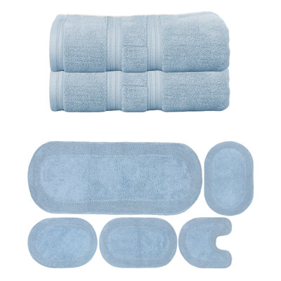 Brunk Collection 100% Soft Cotton 2 Pc Bath Towel Set & 5 Pc Bath Rug Set, (Set of 7), Blue