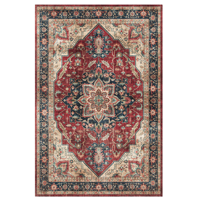 Samira Tiefi Red Beige Black Machine Washable Traditional Medallion Indoor Area Rug, Flat Pile for Living Room & Bedroom - Red, 3x5