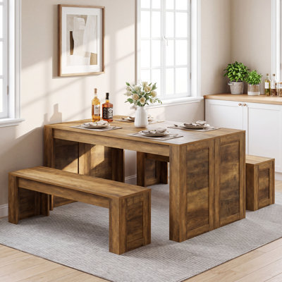 55-inch Farmhouse Dining Table Set For 4, Wooden Kitchen Table With 2 Benches For Dining Room