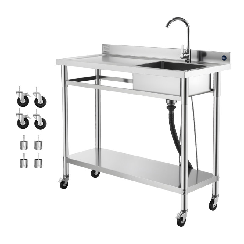 Évier utilitaire en acier inoxydable de qualité commerciale avec établi roulant, évier de cuisine à simple cuve certifié NSF avec robinet et tablette réglable pour la buanderie et le garage