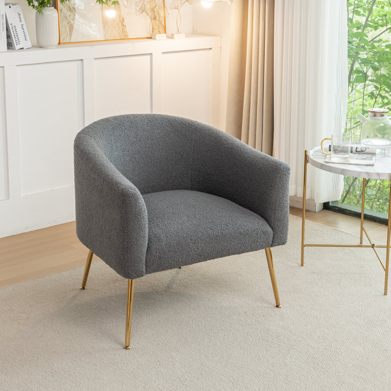 Jameila Upholstered Barrel Chair, Gray Faux Fur, 1, Gold