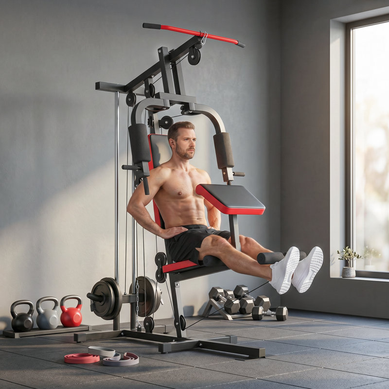 Équipement de gymnastique à domicile, appareil de musculation avec système de poulie, noir