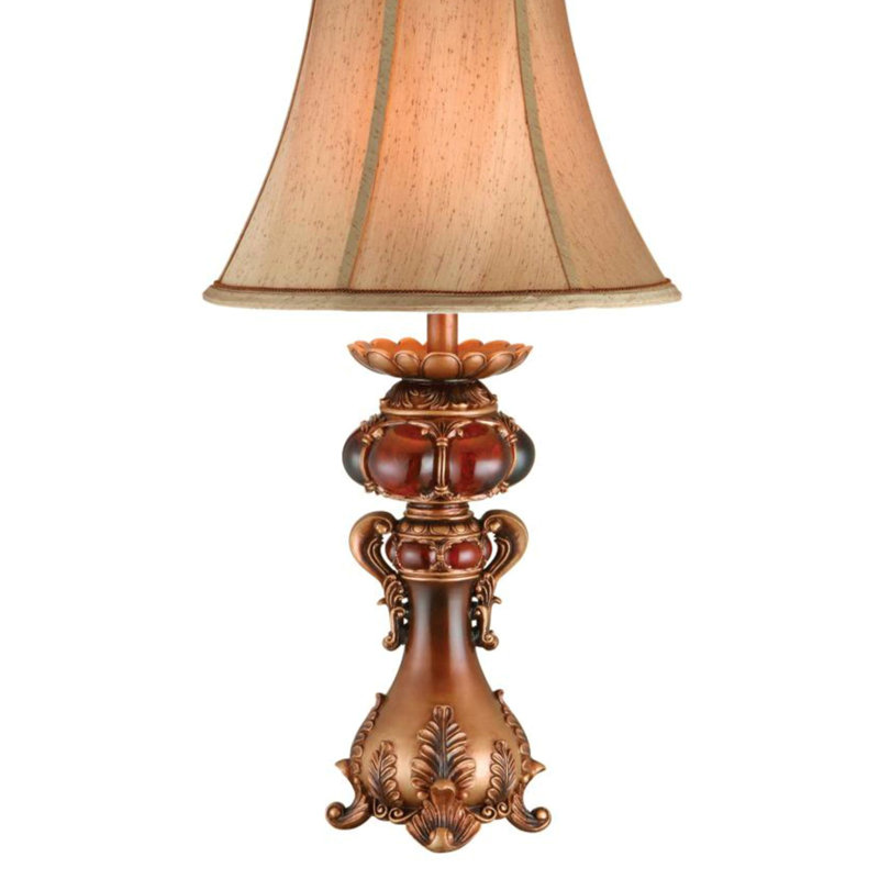 Lampe de table haute en polyrésine 31 "avec finition rouge et brune, abat-jour en lin