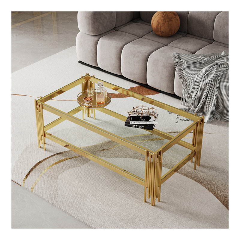 Table basse supérieure et inférieure en verre trempé double couche et cadre en acier inoxydable avec finition miroir
