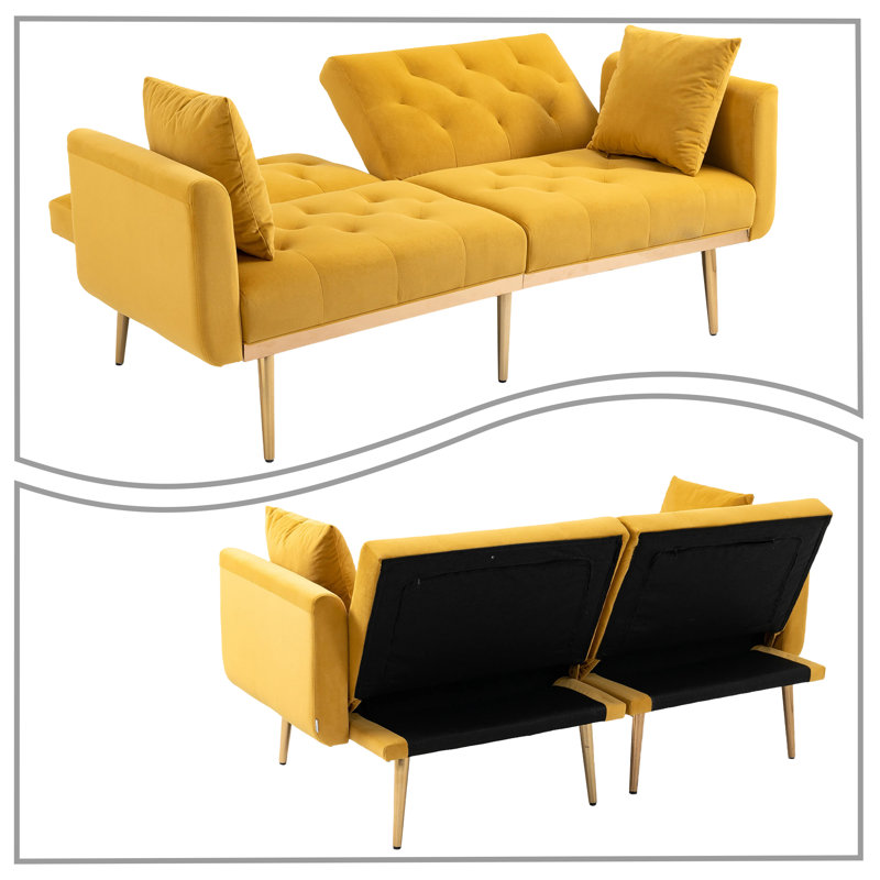 Velvet Upholstered Split Back Convertible Futon Sofa Bed With Two Pillows, Mustard Velvet