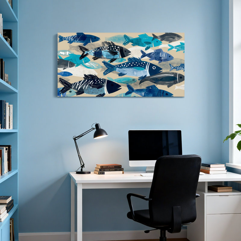 Animals Blue Fish Swimming Pattern Art Print, 28" H x 58" W