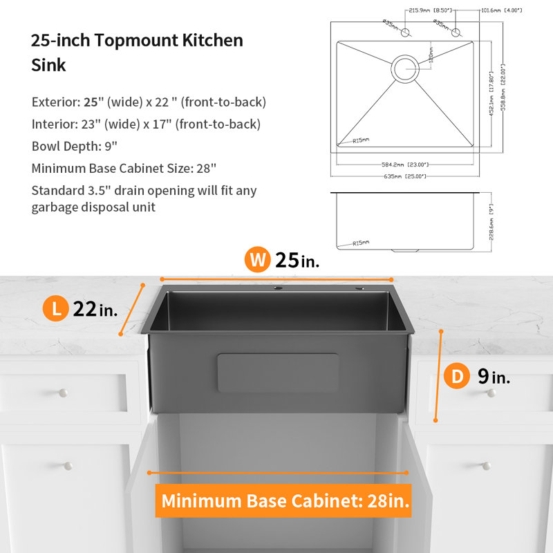 Single Bowl Stainless Steel Kitchen Sink, 25" L x 22" W