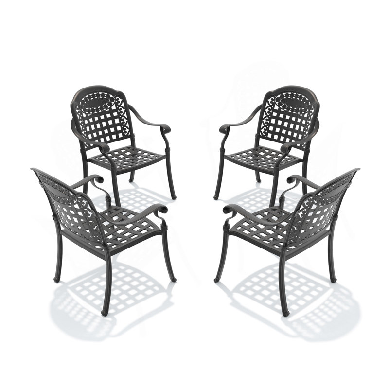 Chaise de patio en fonte d'aluminium 4 pièces avec cadre noir, 4, Blue