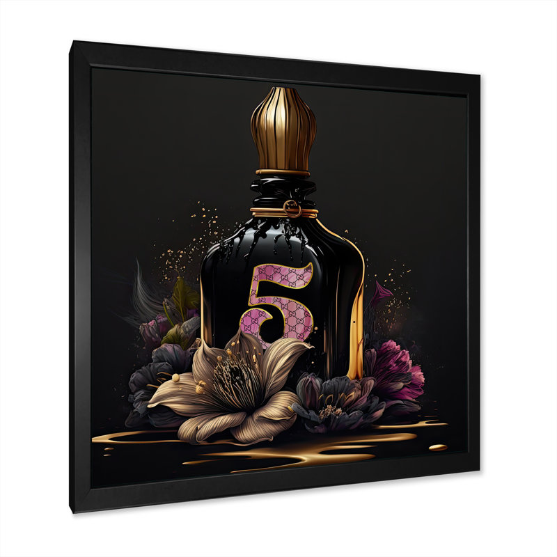 «Chic Perfume Bottle with Pink Roses III», impression sur toile, Impression noire sur toile encadrée