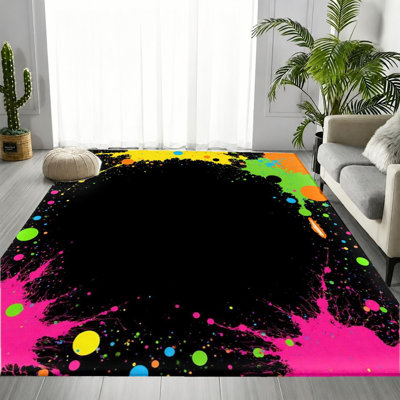 Abstract Multicolor Paint Splatter Area Rug, Black Base Pink Yellow Green Blue Orange Splash Art Pattern, Soft Durable, Machine Washable Non-Slip Floor Carpet, Stylish Indoor Home Decor for Living Room, Bedroom, Teen Room, Apartment