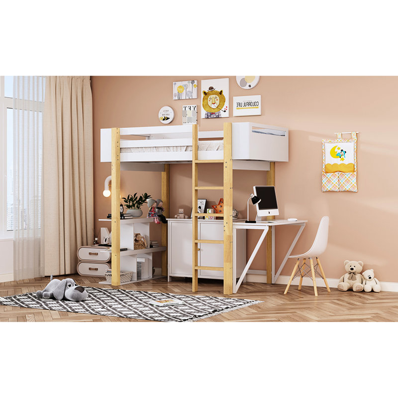 Lit mezzanine simple blanc avec compartiments de rangement et bureau pliable pour les petites chambres, Blanc