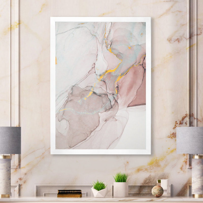 Gris et rose marbré art ondulations - décoration murale moderne en toile, Toile avec cadre blanc, L 8 po x H 12 po