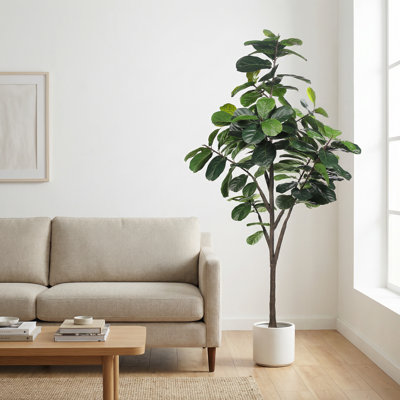 6ft Tall Artificial Fiddle Leaf Fig Tree in White Planter - Lifelike Potted Faux Ficus for Home & Office Decor