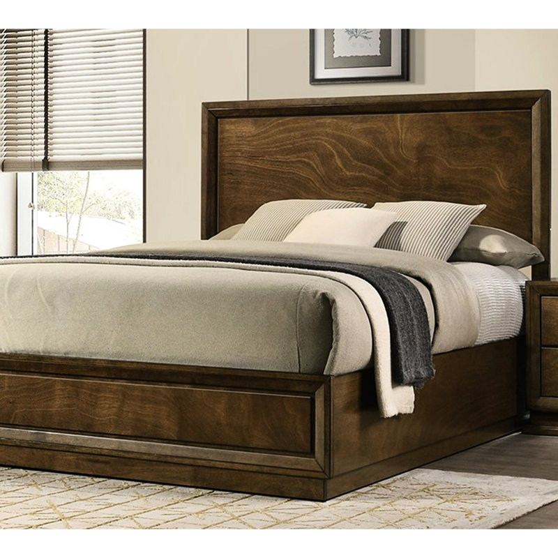 Structure de lit double pour chambre à coucher, style transitionnel, bois d'hévéa noyer, placage, bois d'ingénierie, tête de lit haute, bois d'hévéa massif excellence