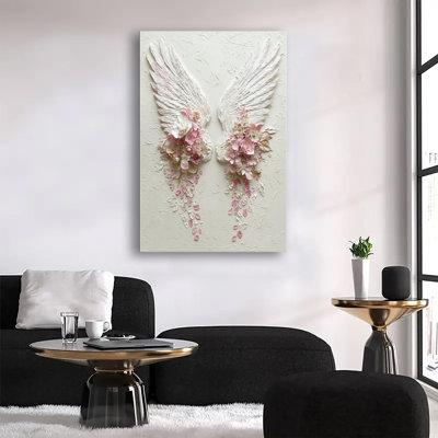 Ailes d'ange texturées blanches avec pétales roses, grande toile tendue sur châssis, idéale pour le salon ou la chambre.