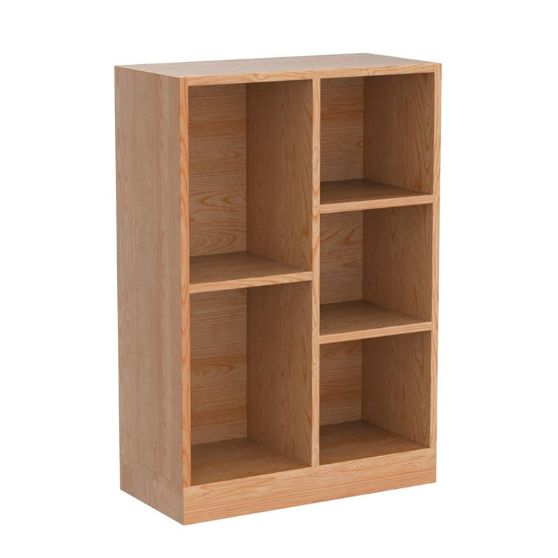Bibliothèque à 3 niveaux avec tablette ouverte en bois avec base, présentoir 5 cubes et rangement en un, Jaune poire
