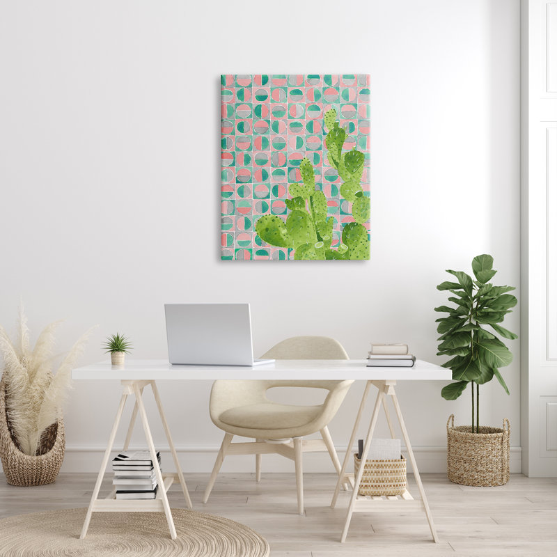 31, art mural sur toile tendue à motif de cactus sur fond rose par Jen Bucheli, Toile tendue, H 40 po x l 30 po