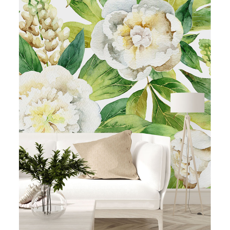Murale feuilles avec fleurs, L 100 po x L 100 po
