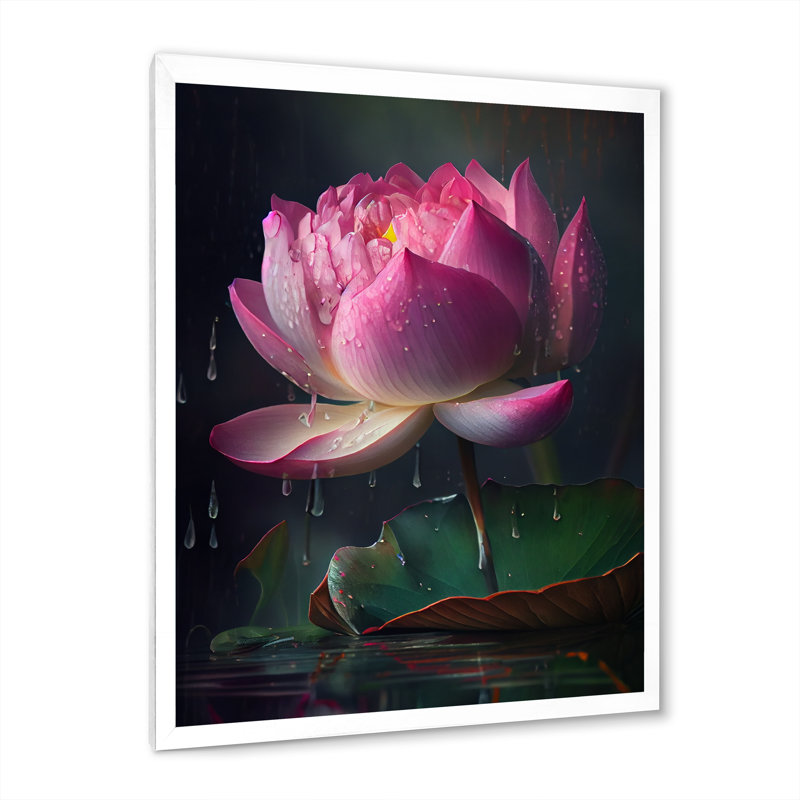 Magnifique lotus rose sur toile, H 20 po x l 12 po x P 1 po, Cadre simple blanc
