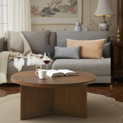 Table basse ronde Starburst - Table en placage de bois brun de 36 po avec une touche Mid-Century