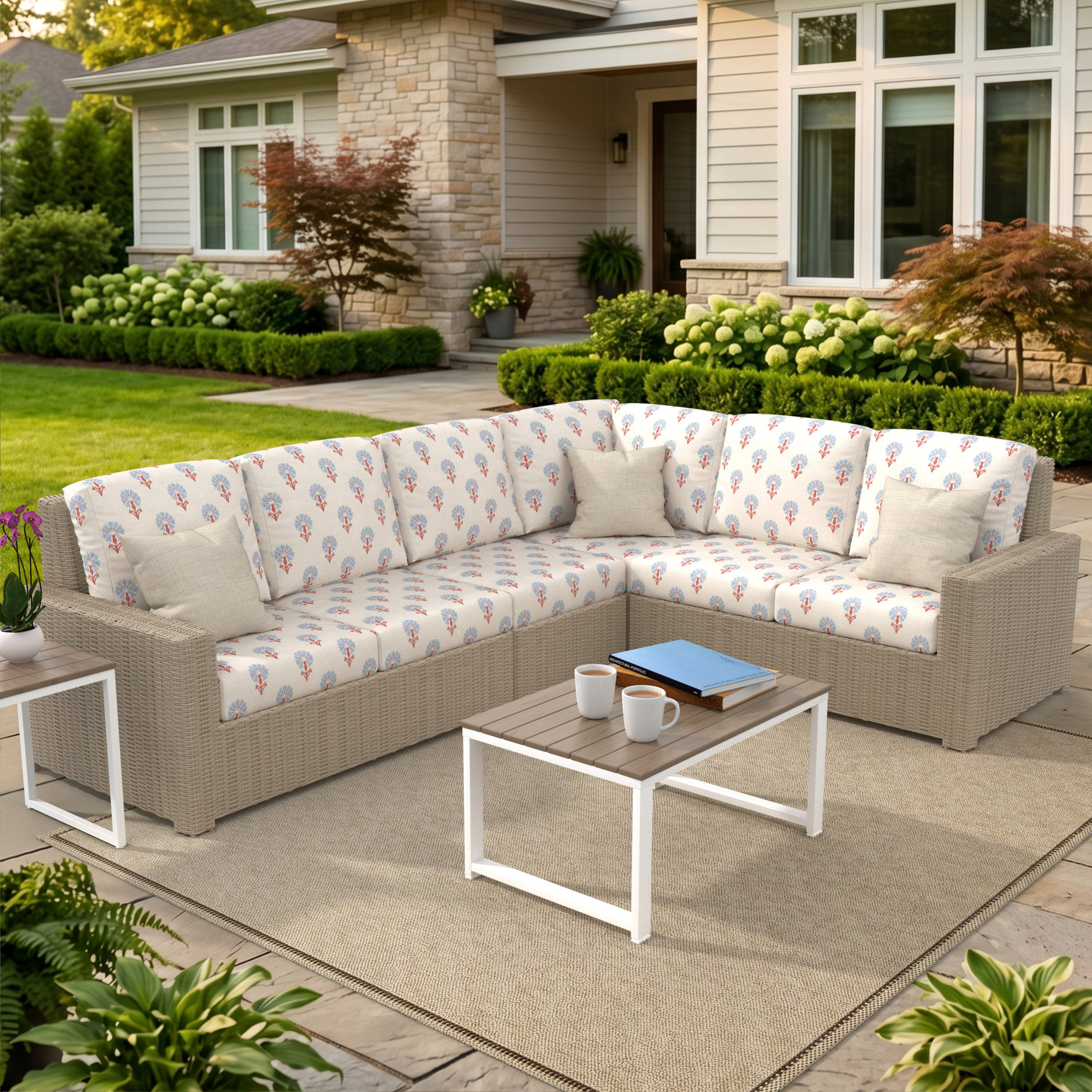 Henri 116" Wide Outdoor L-Shaped Patio Sectional with Cushions, Sunbrella Mira Bluebell