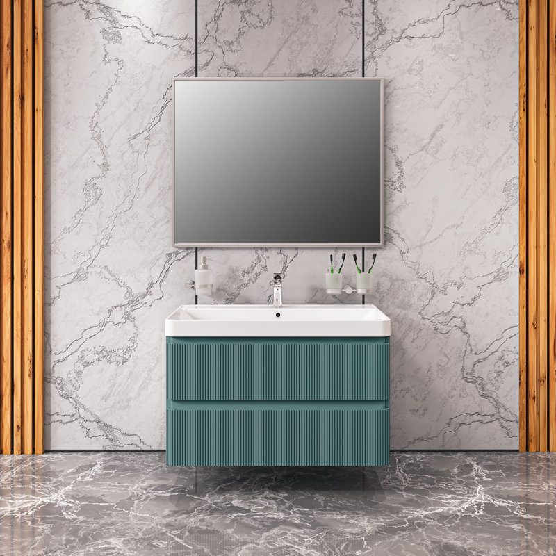 Meuble-lavabo mural moderne avec lavabo | Collection Luxury Green Matte | Panneau de fibres à densité moyenne non toxique ignifuge 36 po sans miroir inclus