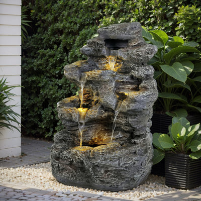 5-Tiered Concrete Tall Slim Fountain, 23.85"H –LED-Lit Column, Space-Saving Modern Outdoor Accent, All-Weather Resistant