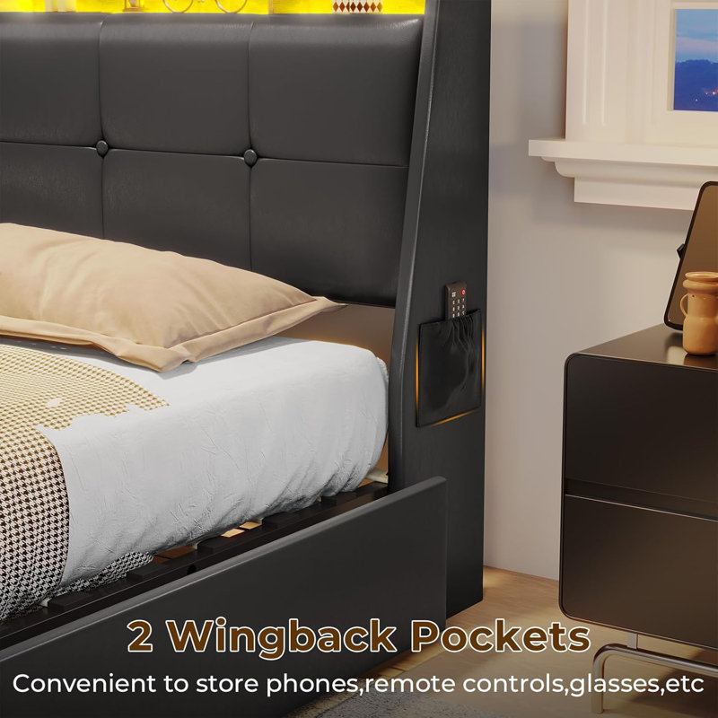 Queen Black Upholstered Bed Frame with LED Lights and Storage Drawers