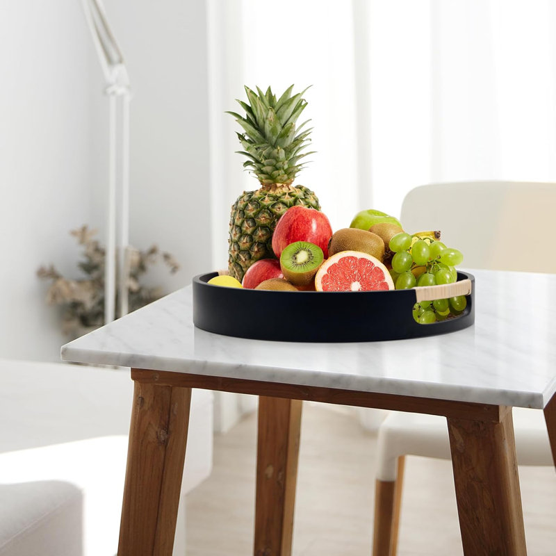 11.8'' Round Decorative Tray, Wood Serving Tray With Handles (black)