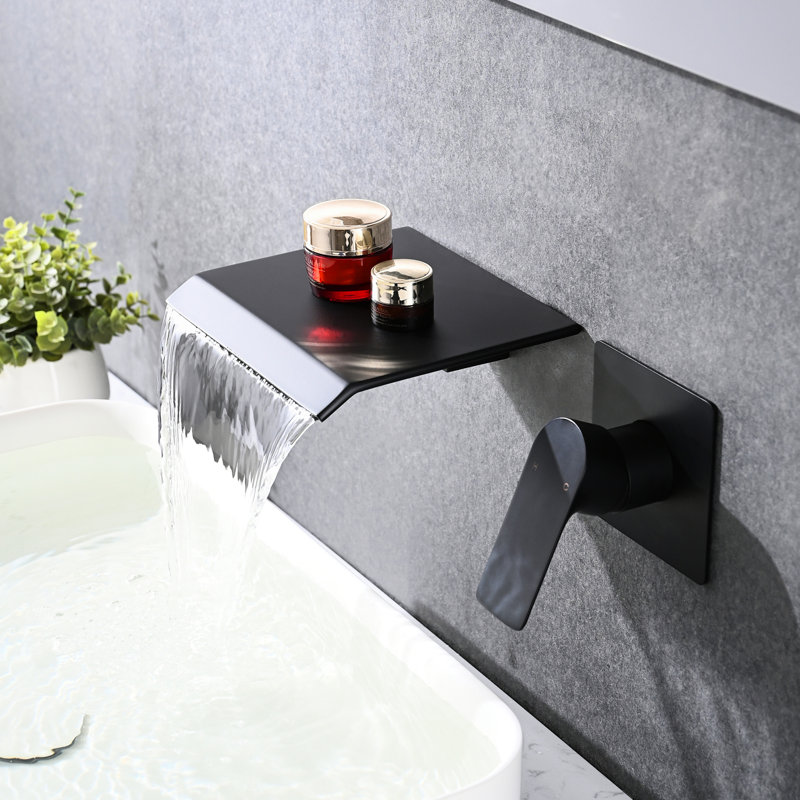 Wall Mounted Stainless Steel Bathroom Faucet - Waterfall Matte Black Modern Single Handle Water Flow Sink With Controller