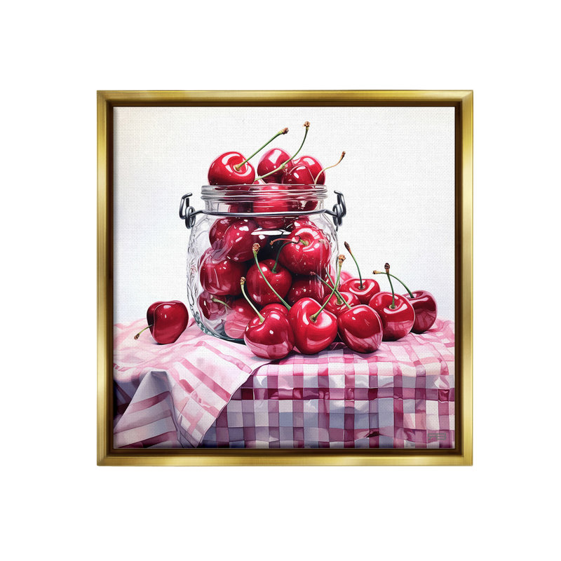 "Cherries In Country Jar" par RB sur toile, Cadre flottant métallique doré, H 18 po x l 18 po