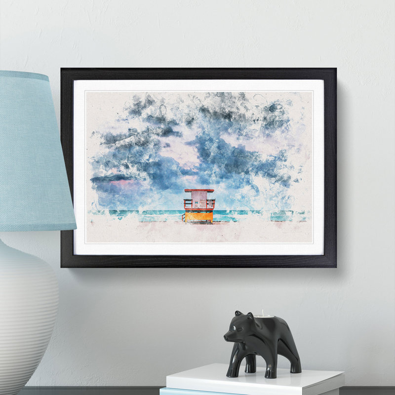Lifeguard Hut on Miami Beach Florida - Picture Frame Painting Print, 33cm H x 45cm W x 2cm D, Black Framed