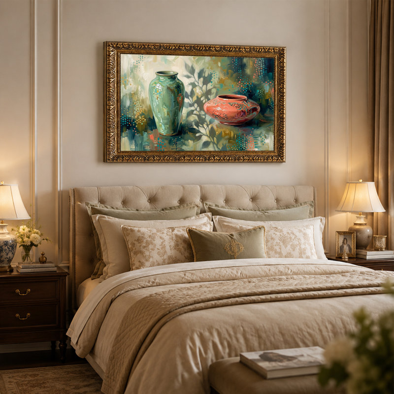 «Green Vase and Rust Pot in Abstract Style», art mural sur toile, 20"H x 30"W