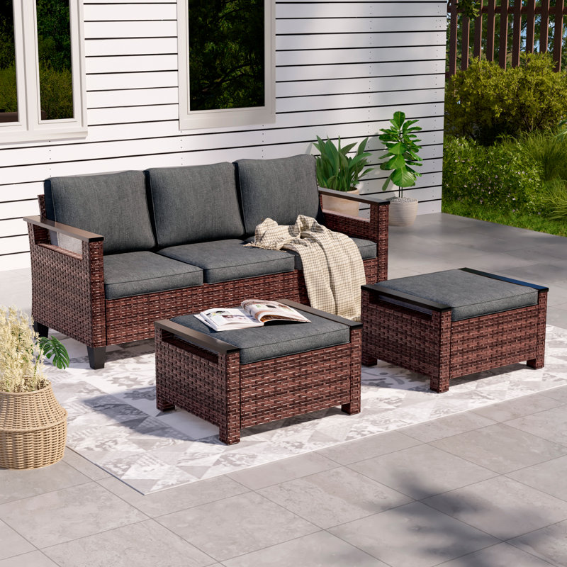3-Piece Patio Bistro Set, All-Weather Outdoor Furniture Conversation Set with Cushions, Small Patio Chat Set with Coffee Table for Balcony Deck Backyard Garden Lawn Porch