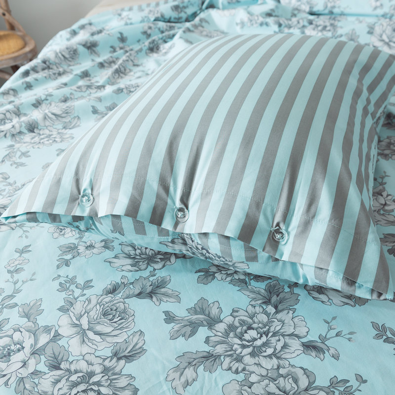 Green Floral and Stripe 3-Piece Cotton Queen Duvet Cover Set
