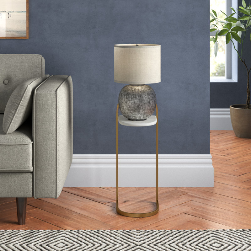 26"H Gold Metal C-Table with Abstract Marble Top: A Glamorous and Unique Accent Table for Your Living Room or Bedroom