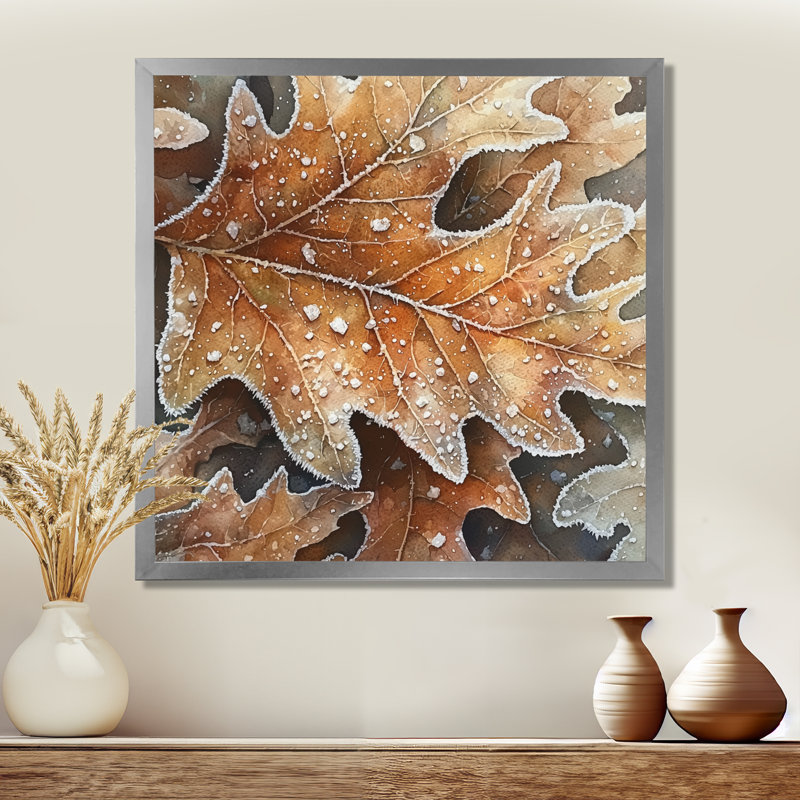 Frosty Oak Leaf III - feuilles, art mural, Reproduction encadrée d'une seule photo, Argent, H 16 po x l 16 po